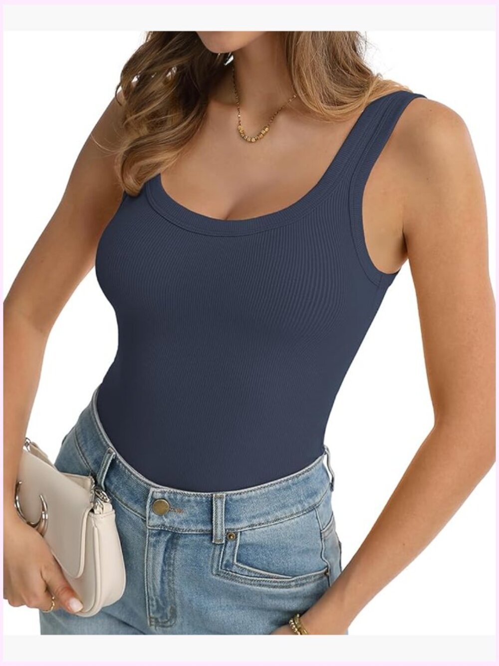 Ribbed Tank Top Scoop Neck Sleeveless Wide Strap Fitted Basic Top Layering